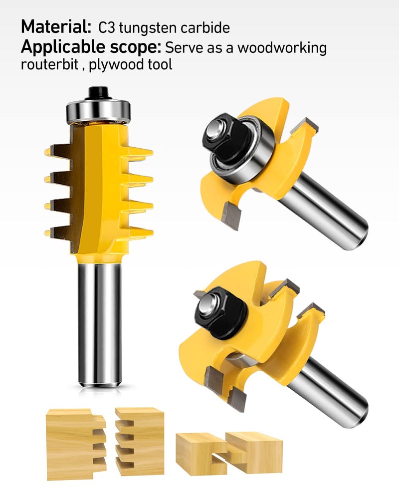 Jooyle 1/2-Inch Shank Tongue and Groove Router Bits Set & Reversible Finger Joint Router Bit, 3 Pack Router Bit Set, Woodworking Chisel Cutter for Density Boards, Solid Wood, MDF, Chipboard, Splints, Etc - Image 2